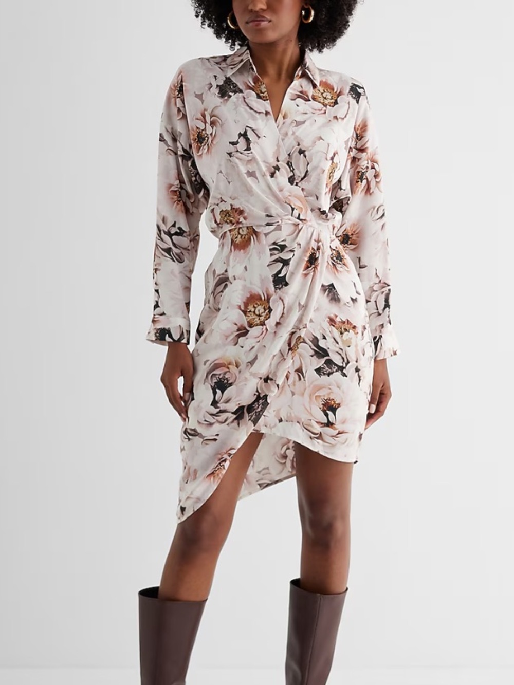 Express Satin Floral Wrap Robe - Blush & Cream